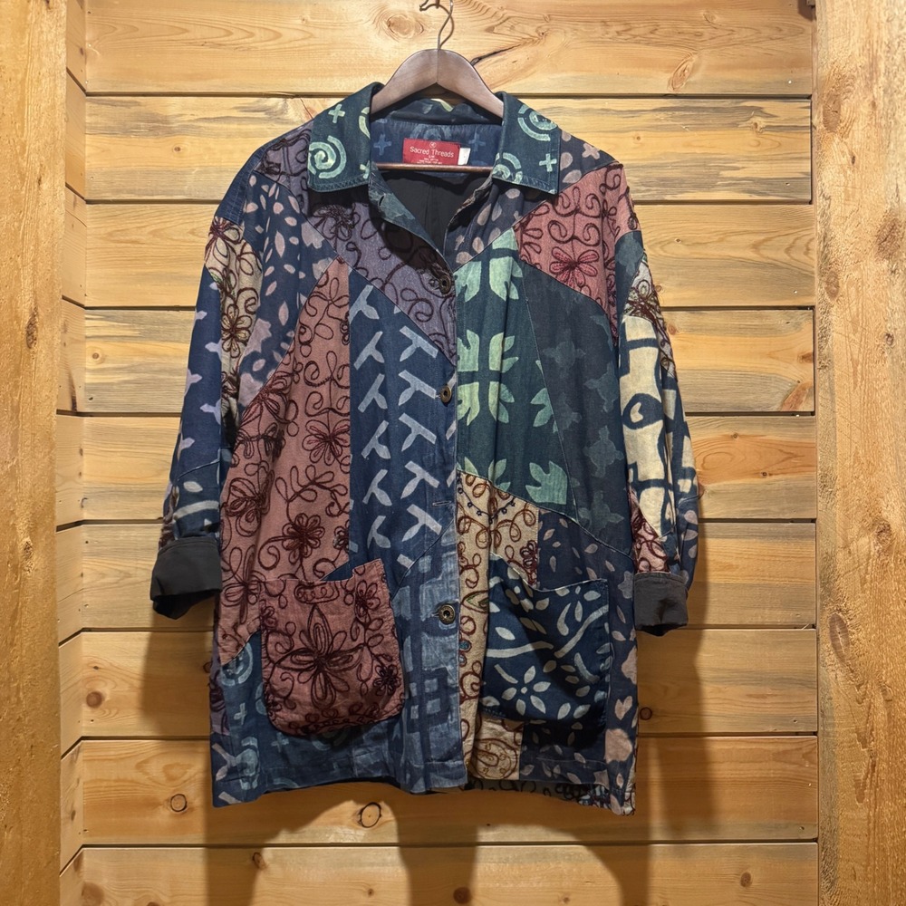 Sacred Threads Patchwork Indigo Blue Cotton Jacke… - image 1